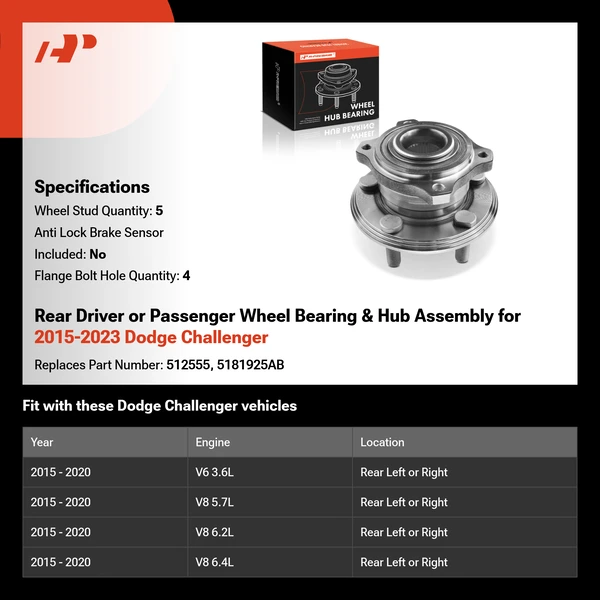 Rear Driver or Passenger Wheel Bearing & Hub Assembly for 2015-2023 Dodge Challenger