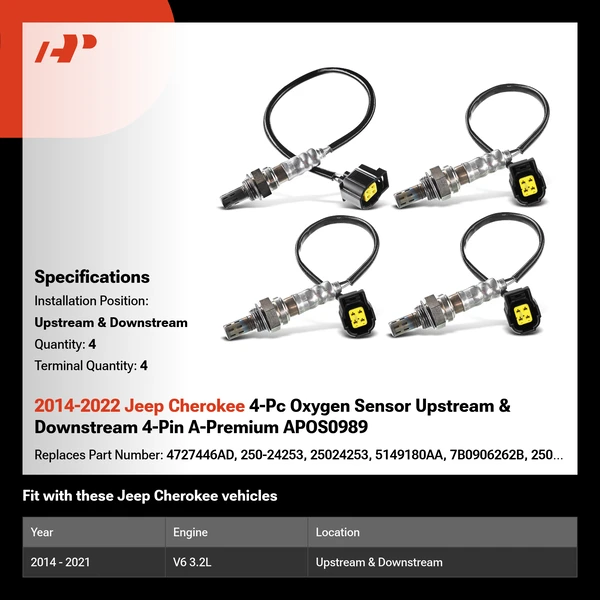 2014-2022 Jeep Cherokee 4-Pc Oxygen Sensor Upstream & Downstream 4-Pin A-Premium APOS0989