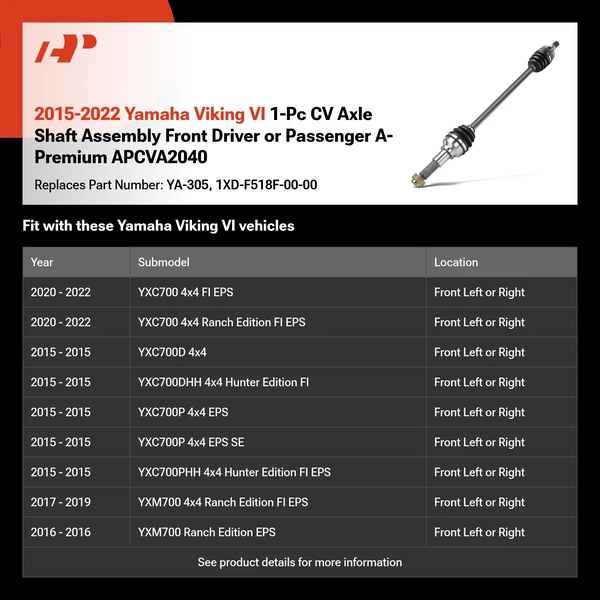 2015-2022 Yamaha Viking VI 1-Pc CV Axle Shaft Assembly Front Driver or Passenger A-Premium APCVA2040