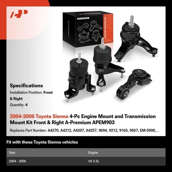 2004-2006 Toyota Sienna 4-Pc Engine Mount and Transmission Mount Kit Front & Right A-Premium APEM903
