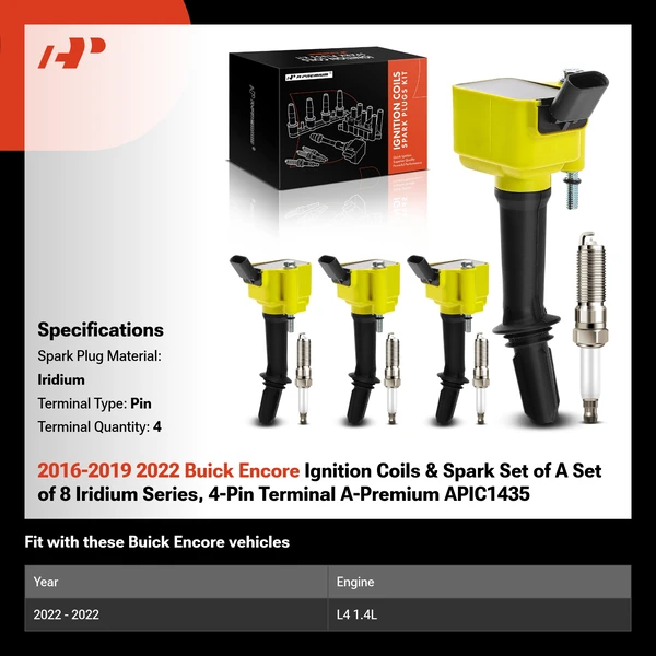 2016-2019 2022 Buick Encore Ignition Coils & Spark Set of 8 Iridium Series, 4-Pin Terminal A-Premium APIC1435