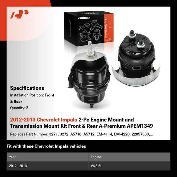 2012-2013 Chevrolet Impala 2-Pc Engine Mount and Transmission Mount Kit Front & Rear A-Premium APEM1349