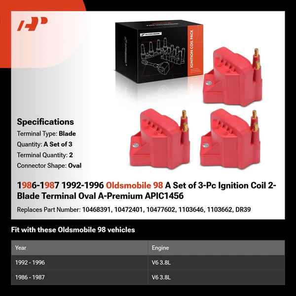 1986-1987 1992-1996 Oldsmobile 98 A Set of 3-Pc Ignition Coil 2-Blade Terminal Oval A-Premium APIC1456