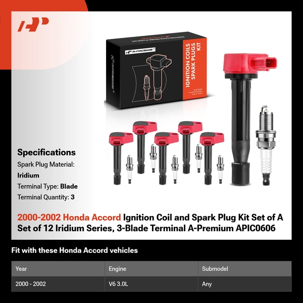 2000-2002 Honda Accord Ignition Coil and Spark Plug Kit Set of A Set of 12 Iridium Series, 3-Blade Terminal A-Premium APIC0606