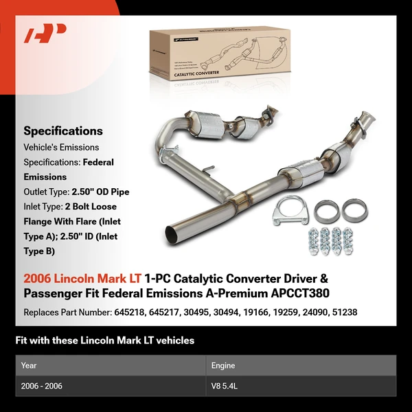 2006 Lincoln Mark LT 1-PC Catalytic Converter Driver & Passenger Fit Federal Emissions A-Premium APCCT380