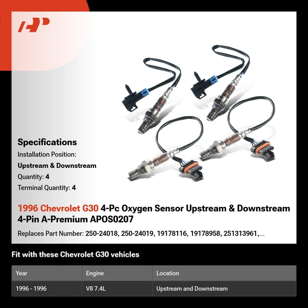 1996 Chevrolet G30 4-Pc Oxygen Sensor Upstream & Downstream 4-Pin A-Premium APOS0207
