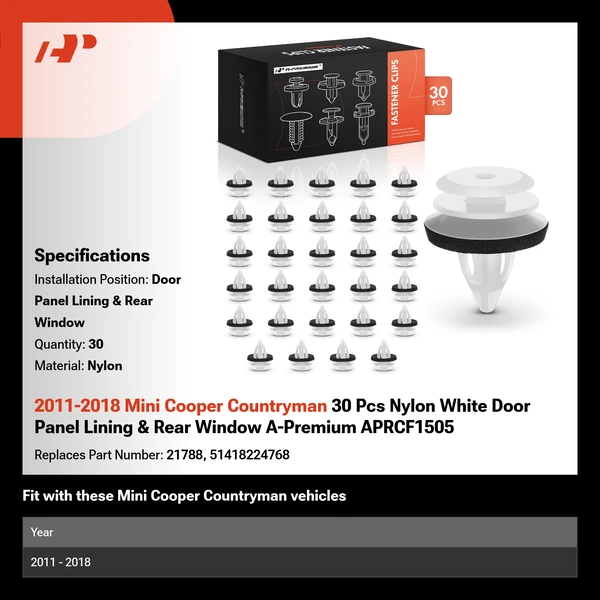 2011-2018 Mini Cooper Countryman 30 Pcs Nylon White Door Panel Lining & Rear Window A-Premium APRCF1505