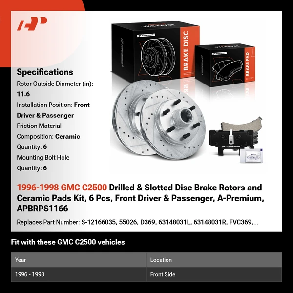 1996-1998 GMC C2500 Drilled & Slotted Disc Brake Rotors and Ceramic Pads Kit, 6 Pcs, Front Driver & Passenger, A-Premium, APBRPS1166