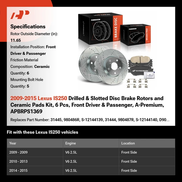 2009-2015 Lexus IS250 Drilled & Slotted Disc Brake Rotors and Ceramic Pads Kit, 6 Pcs, Front Driver & Passenger, A-Premium, APBRPS1369