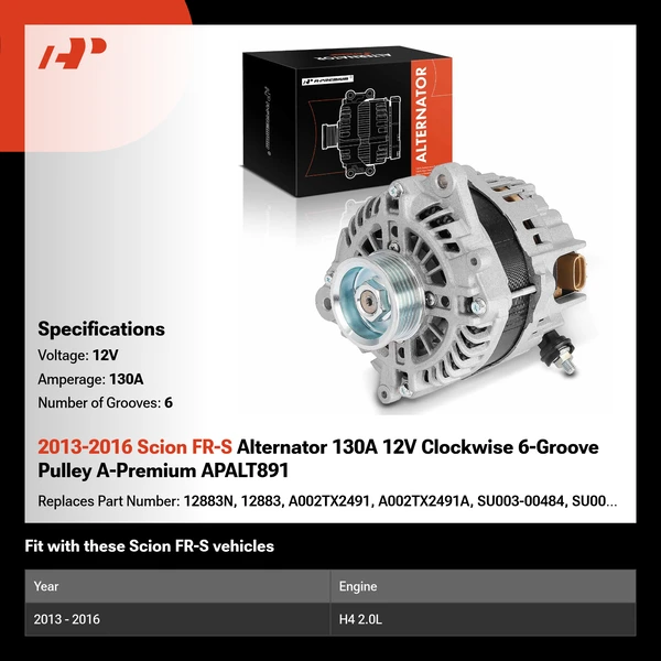 2013-2016 Scion FR-S Alternator 130A 12V Clockwise 6-Groove Pulley A-Premium APALT891