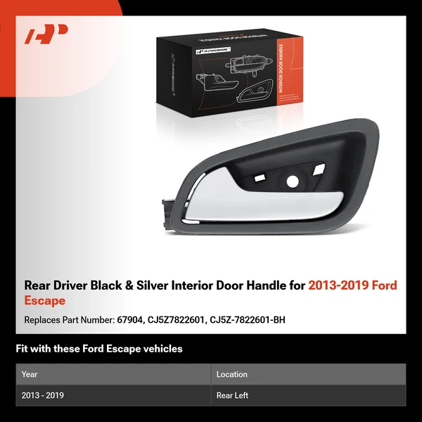 Rear Driver Black & Silver Interior Door Handle for 2013-2019 Ford Escape