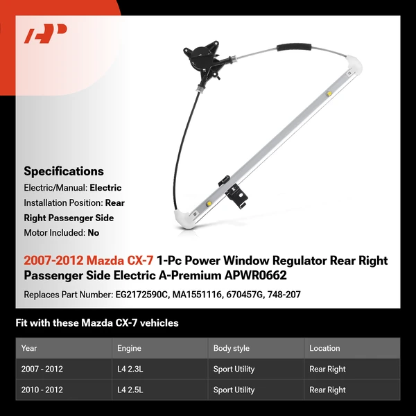 2007-2012 Mazda CX-7 1-Pc Power Window Regulator Rear Right Passenger Side Electric A-Premium APWR0662