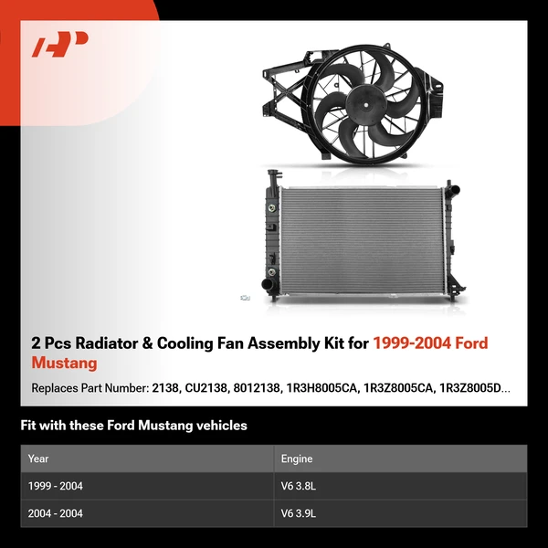 2 Pcs Radiator & Cooling Fan Assembly Kit for 1999-2004 Ford Mustang