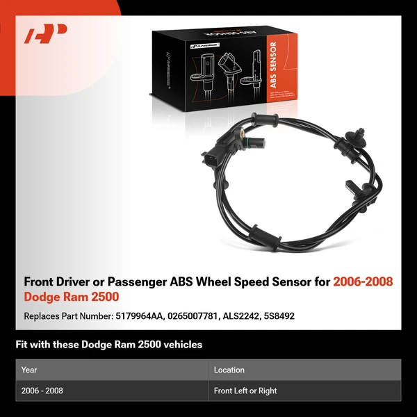 Front Driver or Passenger ABS Wheel Speed Sensor for 2006-2008 Dodge Ram 2500