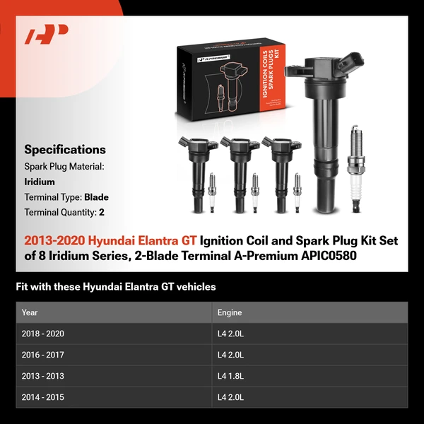 2013-2020 Hyundai Elantra GT Ignition Coil and Spark Plug Kit Set of 8 Iridium Series, 2-Blade Terminal A-Premium APIC0580