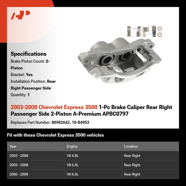 2003-2008 Chevrolet Express 3500 1-Pc Brake Caliper Rear Right Passenger Side 2-Piston A-Premium APBC0797