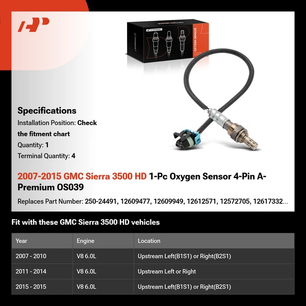 2007-2015 GMC Sierra 3500 HD 1-Pc Oxygen Sensor 4-Pin A-Premium OS039