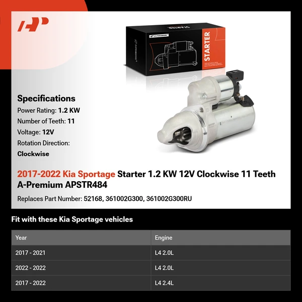 2017-2022 Kia Sportage Starter 1.2 KW 12V Clockwise 11 Teeth A-Premium APSTR484