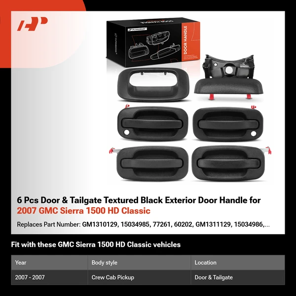 6 Pcs Door & Tailgate Textured Black Exterior Door Handle for 2007 GMC Sierra 1500 HD Classic