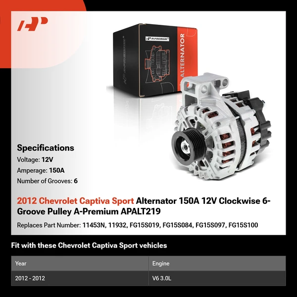 2012 Chevrolet Captiva Sport Alternator 150A 12V Clockwise 6-Groove Pulley A-Premium APALT219