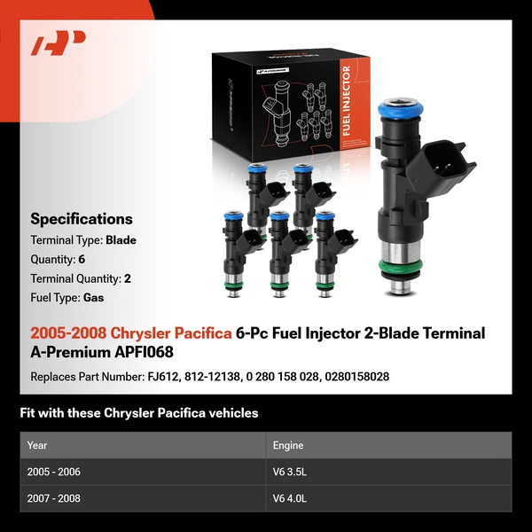 2005-2008 Chrysler Pacifica 6-Pc Fuel Injector 2-Blade Terminal A-Premium APFI068