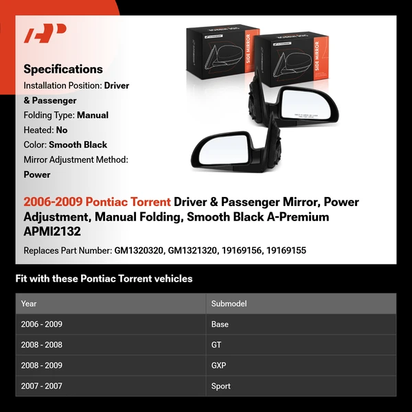 2006-2009 Pontiac Torrent Driver & Passenger Mirror, Power Adjustment, Manual Folding, Smooth Black A-Premium APMI2132