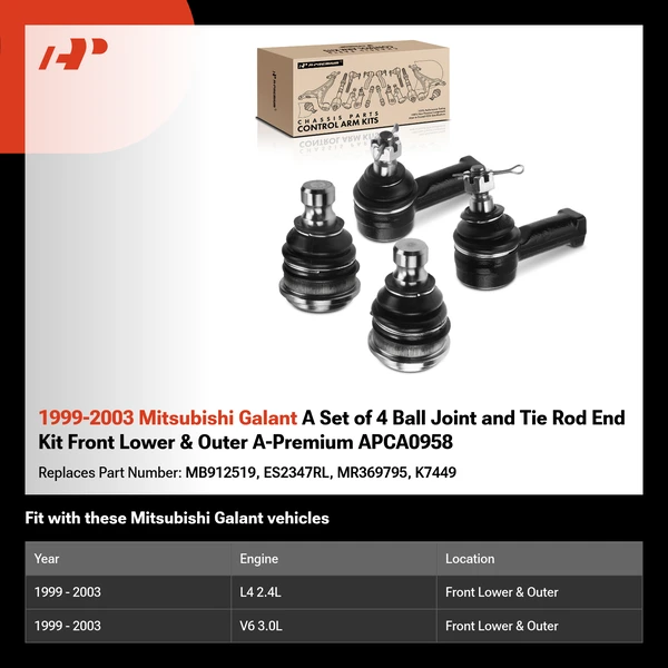 1999-2003 Mitsubishi Galant A Set of 4 Ball Joint and Tie Rod End Kit Front Lower & Outer A-Premium APCA0958