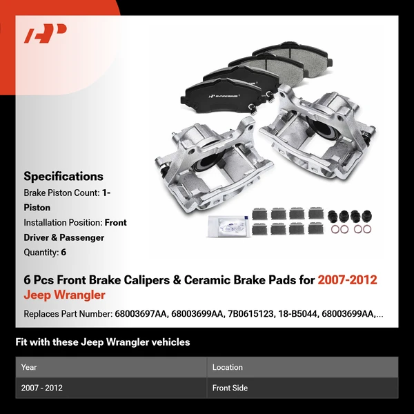 6 Pcs Front Brake Calipers & Ceramic Brake Pads for 2007-2012 Jeep Wrangler