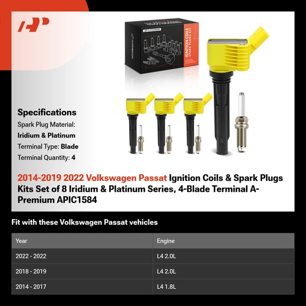 2014-2019 2022 Volkswagen Passat Ignition Coils & Spark Plugs Kits Set of 8 Iridium & Platinum Series, 4-Blade Terminal A-Premium APIC1584
