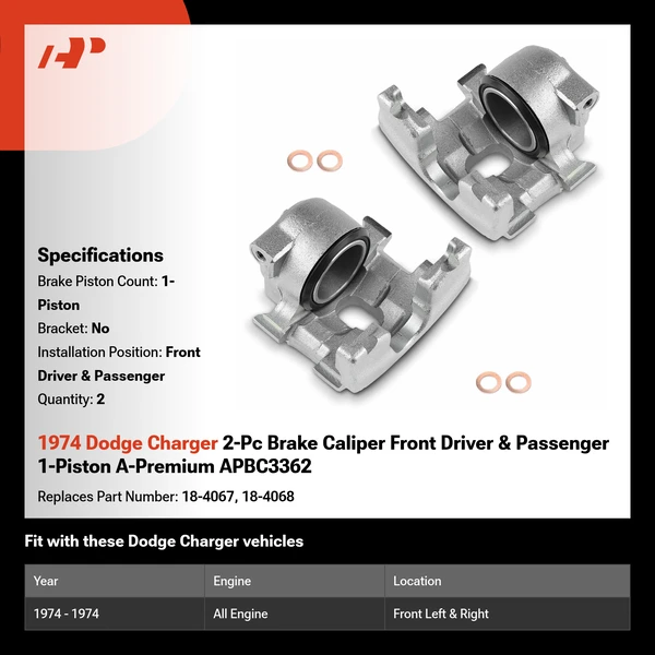 1974 Dodge Charger 2-Pc Brake Caliper Front Driver & Passenger 1-Piston A-Premium APBC3362