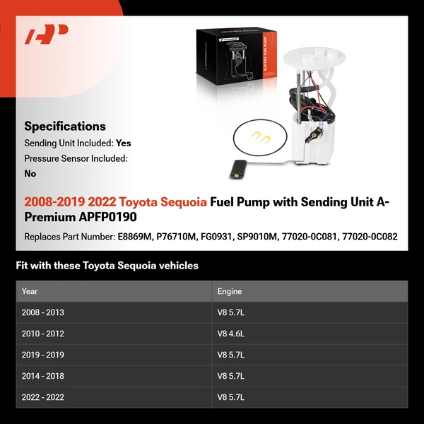 2008-2019 2022 Toyota Sequoia Fuel Pump with Sending Unit A-Premium APFP0190