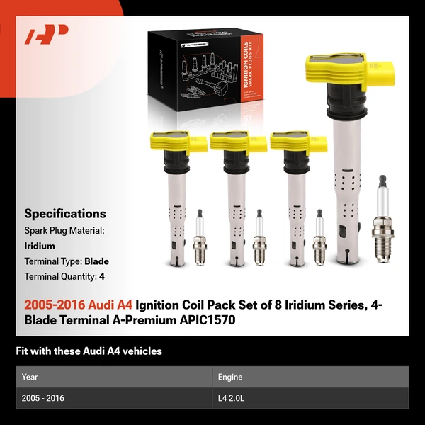 2005-2016 Audi A4 Ignition Coil Pack Set of 8 Iridium Series, 4-Blade Terminal A-Premium APIC1570
