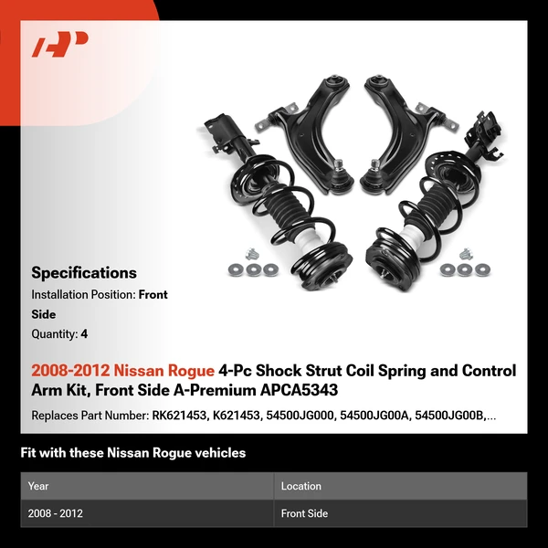 2008-2012 Nissan Rogue 4-Pc Shock Strut Coil Spring and Control Arm Kit, Front Side A-Premium APCA5343