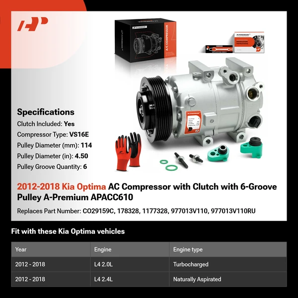 2012-2018 Kia Optima AC Compressor with Clutch with 6-Groove Pulley A-Premium APACC610