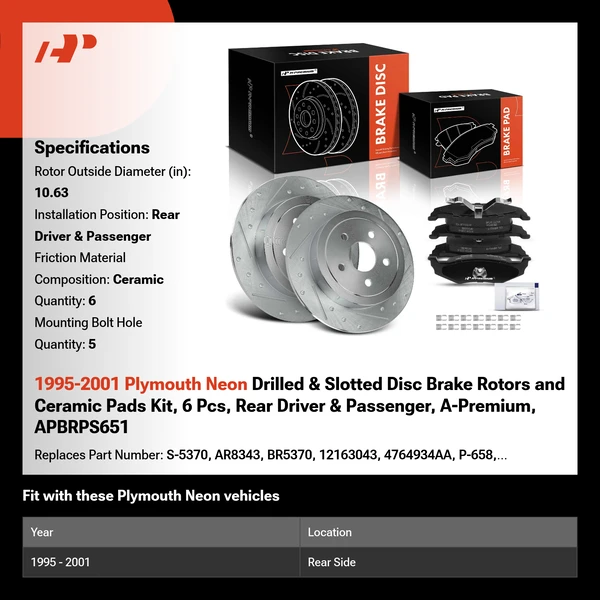 1995-2001 Plymouth Neon Drilled & Slotted Disc Brake Rotors and Ceramic Pads Kit, 6 Pcs, Rear Driver & Passenger, A-Premium, APBRPS651