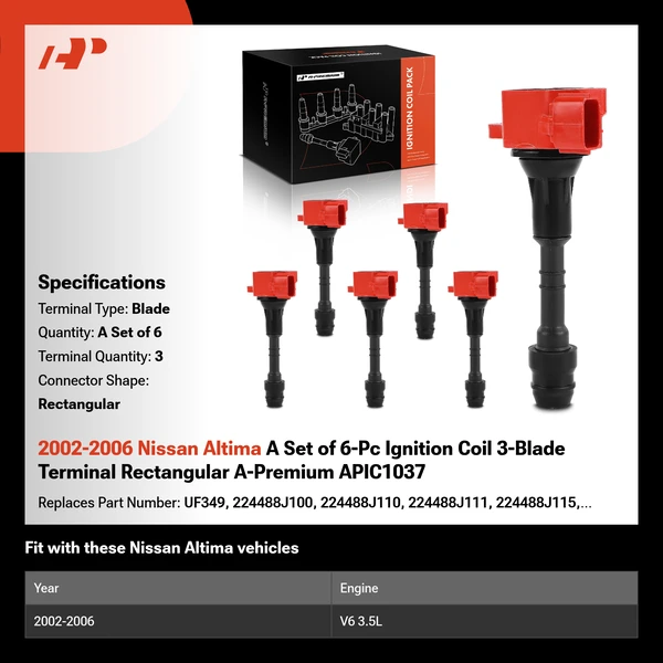 2002-2006 Nissan Altima A Set of 6-Pc Ignition Coil 3-Blade Terminal Rectangular A-Premium APIC1037