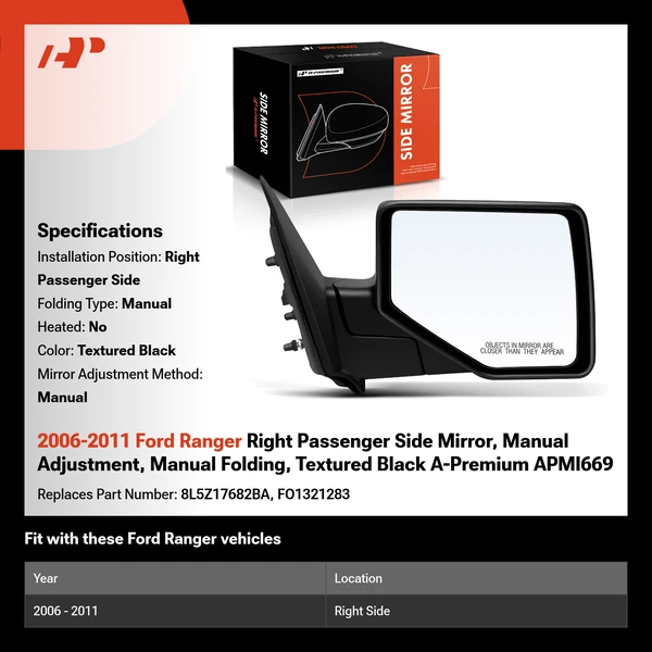 2006-2011 Ford Ranger Right Passenger Side Mirror, Manual Adjustment, Manual Folding, Textured Black A-Premium APMI669