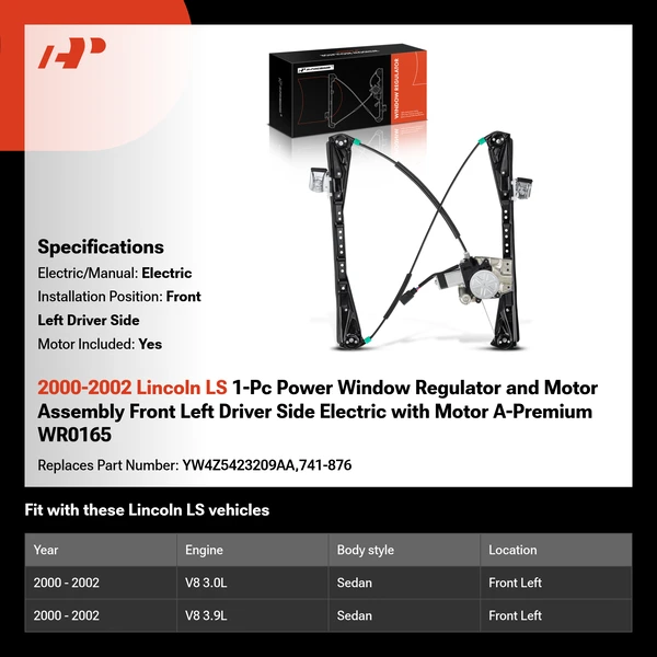 2000-2002 Lincoln LS 1-Pc Power Window Regulator and Motor Assembly Front Left Driver Side Electric with Motor A-Premium WR0165