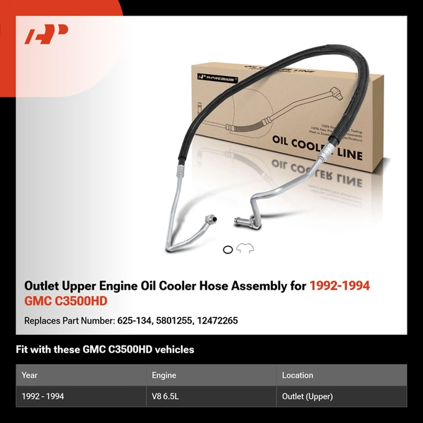 Outlet Upper Engine Oil Cooler Hose Assembly for 1992-1994 GMC C3500HD