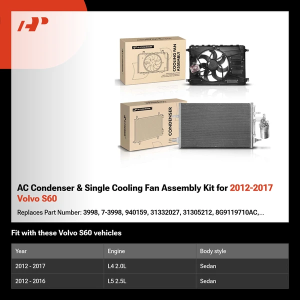 AC Condenser & Single Cooling Fan Assembly Kit for 2012-2017 Volvo S60