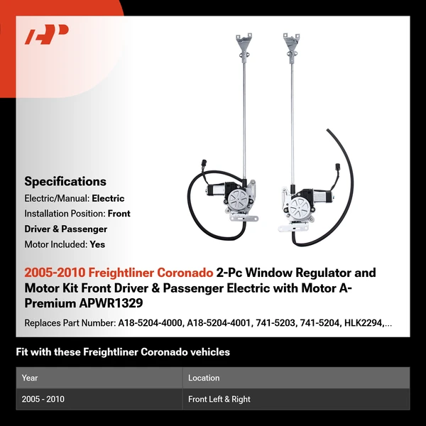 2005-2010 Freightliner Coronado 2-Pc Window Regulator and Motor Kit Front Driver & Passenger Electric with Motor A-Premium APWR1329