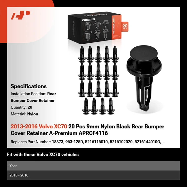 2013-2016 Volvo XC70 20 Pcs 9mm Nylon Black Rear Bumper Cover Retainer A-Premium APRCF4116