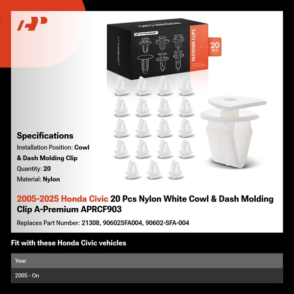 2005-2025 Honda Civic 20 Pcs Nylon White Cowl & Dash Molding Clip A-Premium APRCF903