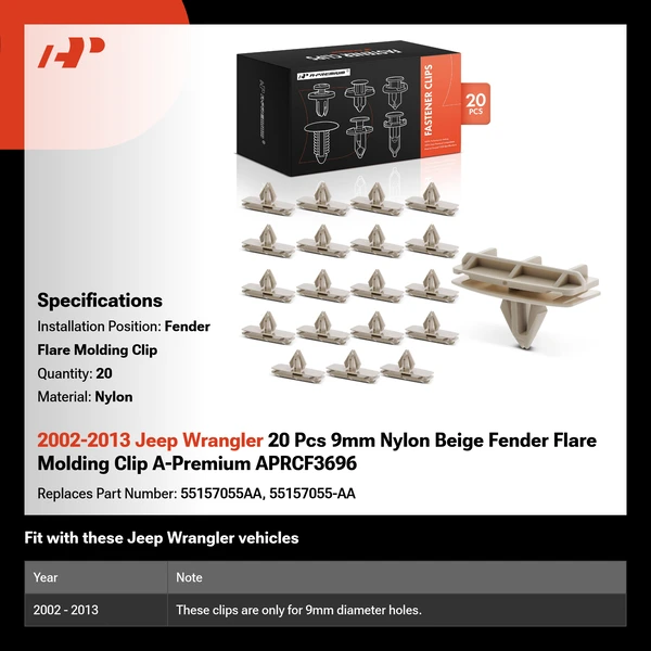 2002-2013 Jeep Wrangler 20 Pcs 9mm Nylon Beige Fender Flare Molding Clip A-Premium APRCF3696