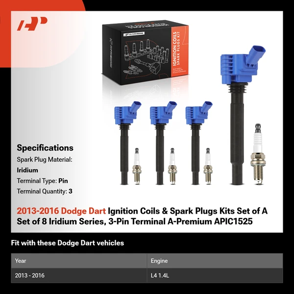 2013-2016 Dodge Dart Ignition Coils & Spark Plugs Kits Set of A Set of 8 Iridium Series, 3-Pin Terminal A-Premium APIC1525