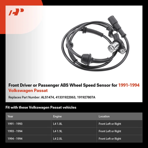Front Driver or Passenger ABS Wheel Speed Sensor for 1991-1994 Volkswagen Passat