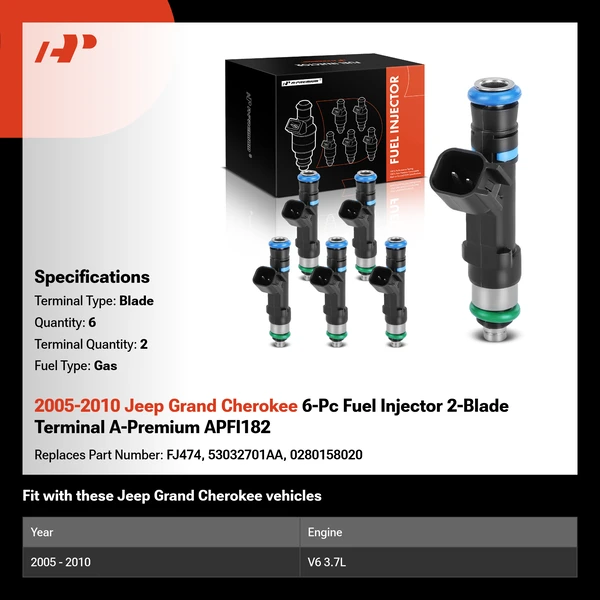 2005-2010 Jeep Grand Cherokee 6-Pc Fuel Injector 2-Blade Terminal A-Premium APFI182