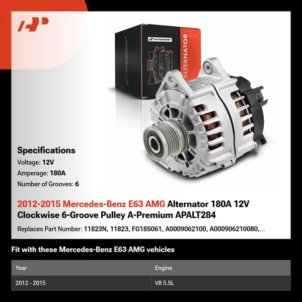 2012-2015 Mercedes-Benz E63 AMG Alternator 180A 12V Clockwise 6-Groove Pulley A-Premium APALT284