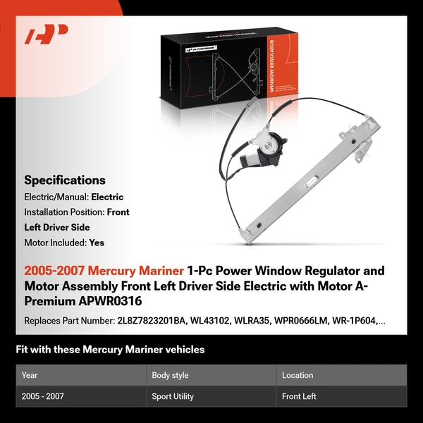 2005-2007 Mercury Mariner 1-Pc Power Window Regulator and Motor Assembly Front Left Driver Side Electric with Motor A-Premium APWR0316
