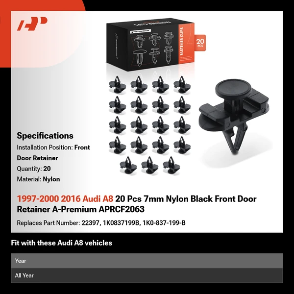 1997-2000 2016 Audi A8 20 Pcs 7mm Nylon Black Front Door Retainer A-Premium APRCF2063
